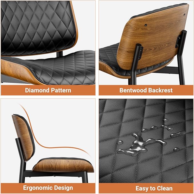 Dining Chairs Set of 8, FSC Certified Mid Century Modern Accent Dining Room and Kitchen Chairs, Upholstered PU Leather Diamond Check Chairs with Walnut Bentwood and Metal Legs, Black