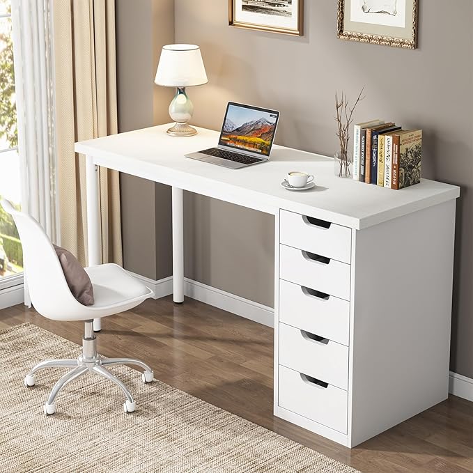 Tribesigns Computer Desk with 5 Drawers, 47 inches Rustic Brown Home Office Desk with Storage, Modern Simple Laptop Desk Study Writing Table for Small Spaces (1, White)