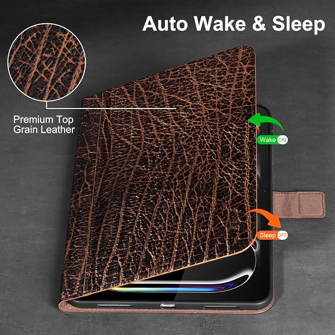 Gexmil Leather Case for iPad Pro 13 Inch M5/M4 2025/2024Crocodile Brown | Genuine Leather Cover with Magnetic ClosureSmart Folio Auto Sleep/WakeProtective ShockproofAdjustable Stand