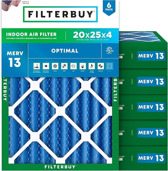 Filterbuy 20x25x4 Air Filter MERV 13 Optimal Smoke & Allergy Defense,