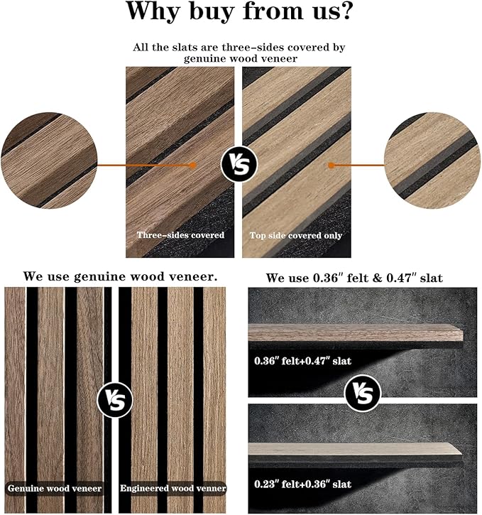 ARMURO Wood Panels for Wall - 2 PCS Wood Slat Wall Panel, Natural Walnut Veneer Acoustic Wall Panels - 12.6" W x 94.5" L