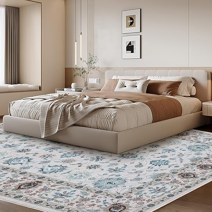 WILLSUN Washable Area Rugs, 8x10 Non-Slip Boho Large Area Rugs for Living Room, Bedroom, Machine Washable Vintage Rug, Indoor Floral Print Carpet for Home Decor, Kid & Pet Friendly Mat