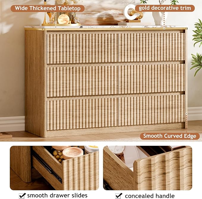 Fluted Dresser for Bedroom with 6 Drawers, 47.2" Modern Chest of Drawers with Faux Marble Top, Curved Profile Design,Dresser TV Stand, Wood Drawer Organizer for Living Room, Hallway, Oak1