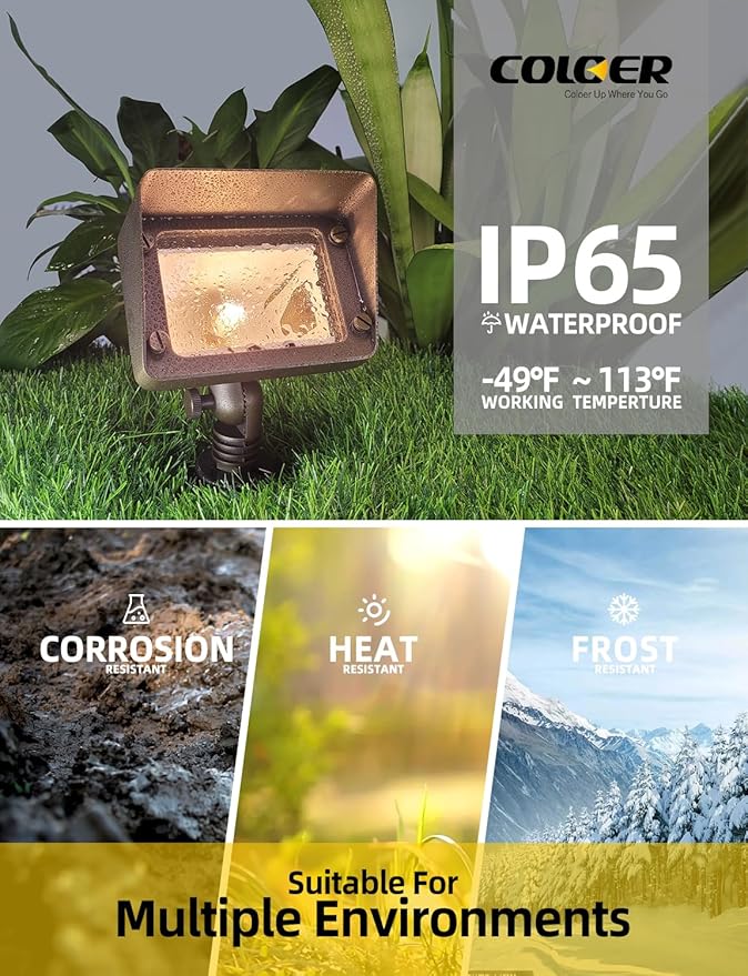 COLOER Brass Rectangular Flood Lights 1-Pack Without Blub, 12V Low Voltage Landscape Floodlights for Outside, Outdoor Wall Lights Illuminating Signs, Walls and Plant Material