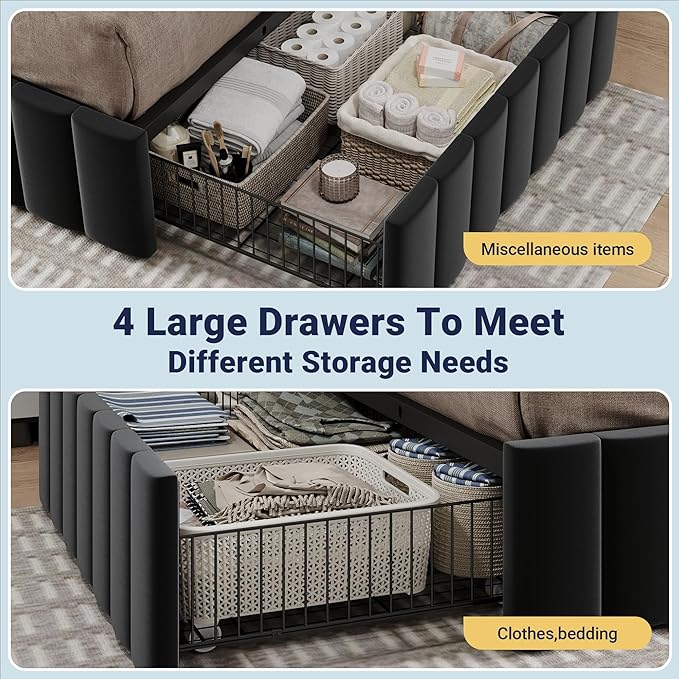 Allewie Full Size Platform Bed Frame with 4 Large Storage Drawers, Velvet Vertical Channel Tufted Upholstered Bed Base, Wooden Slats Support, Noise-Free, No Box Spring Needed, Easy Assembly, Black