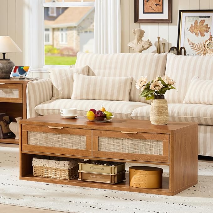 LEYAOYAO Boho Rattan Coffee Table and End Table Sets, 48" Wide Center Tables & 23" Night Stand with 3 Drawers, Brown Wood Coffee Table for Living Room 2 Piece Set