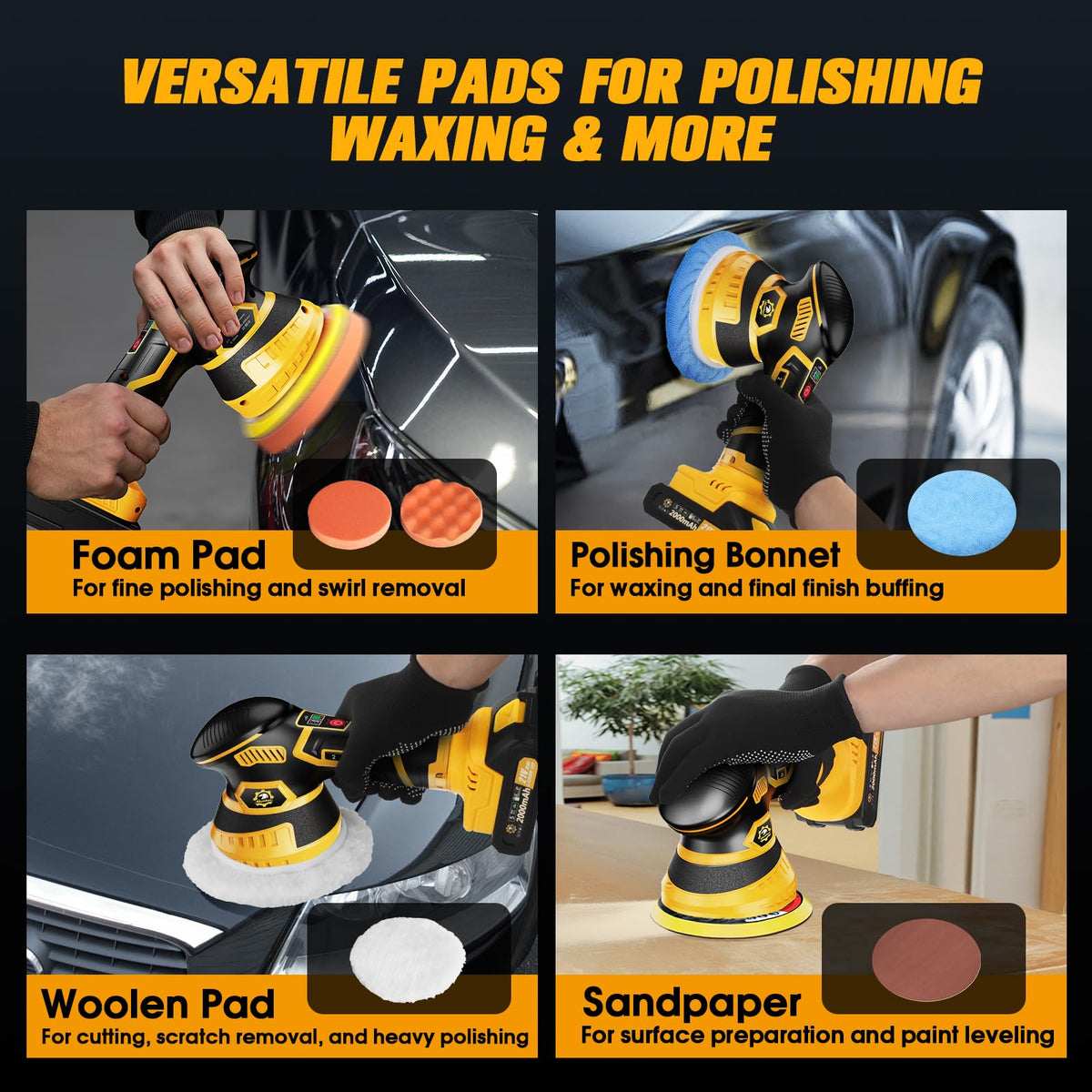 Niusken Cordless Car Buffer Polisher kit [2x 2000mAh 21V Batteries & 18 PCS Attachments] 6-Speed Orbital Design, LED Display, Lightweight Detailing Tool for Waxing, Polishing & Scratch Removal-Yellow