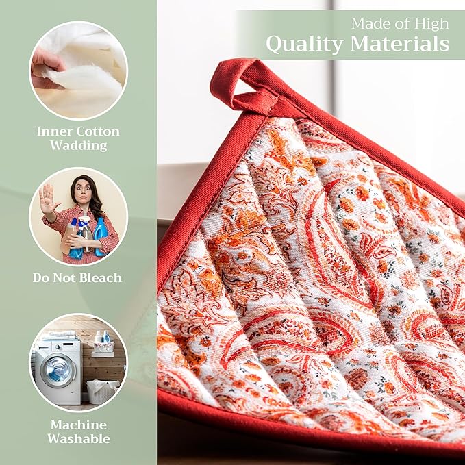 Maison d' Hermine Pot Holders Set 100% Cotton Heat Resistant Potholders 8" x 8" Hot Pads with Loop for Thanksgiving Christmas Decorations BBQ Cooking Baking Handling Hot Pans (Pack of 2, Orient)