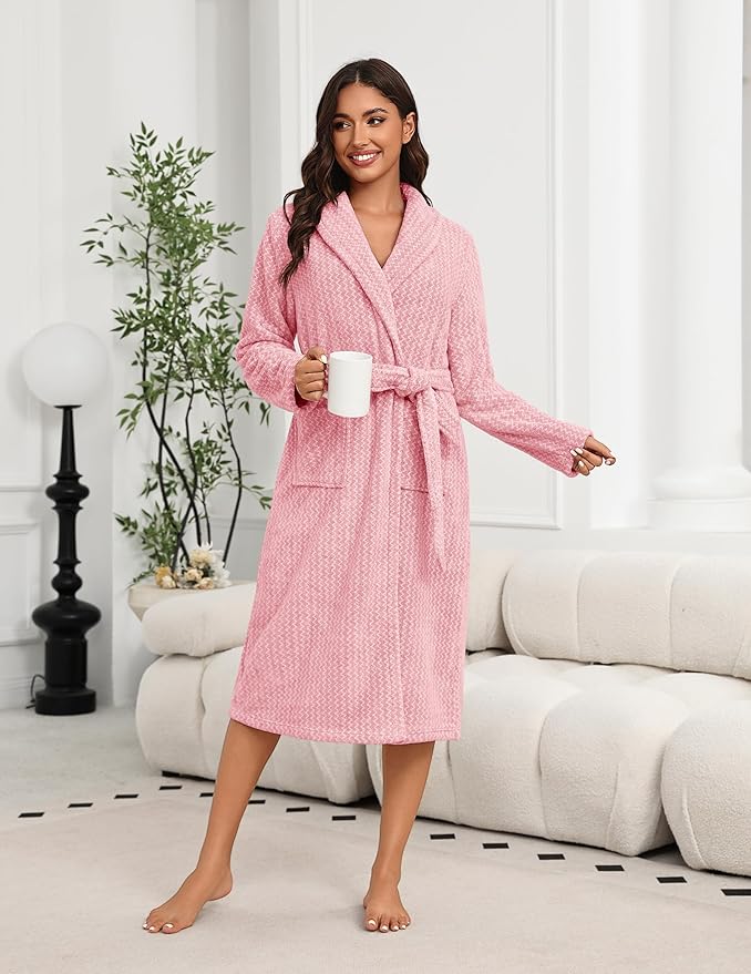 Ekouaer Women's Robe Plush Soft Long Bathrobe Cozy Warm Shawl Collar Spa Robe with Pockets