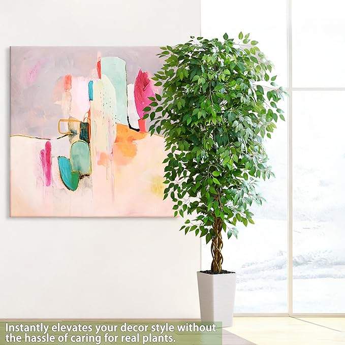 Artificial Ficus Tree 7FT Faux Floor Tree with Planter UV Resistant Potted Fake Silk Plant - Faux Trees Indoor Outdoor Lifelike Fake Ficus Tree for Home, Living Room Bedroom Topiary Tree