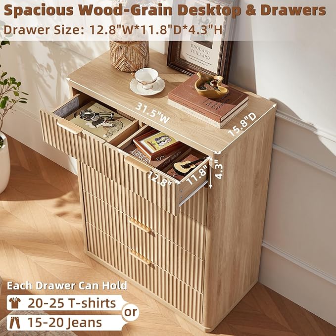 LEYAOYAO Fluted 6 Drawers Dresser for Bedroom Set of 2, 42" Tall Modern Chest of Drawers with Metal Handle, Curved Profile Design,Natural Wood Drawer Organizer for Bedroom, Living Room, Hallway