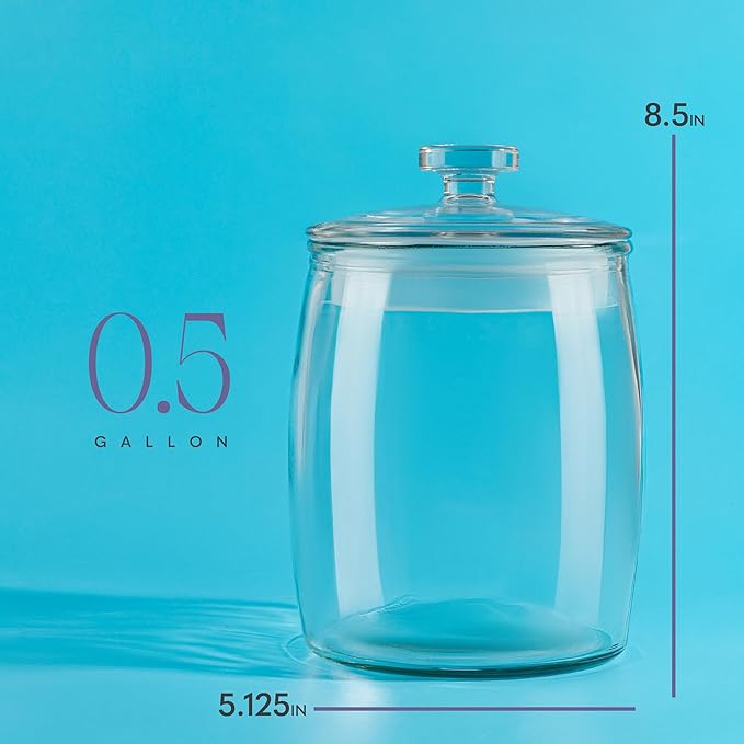 Half Gallon Glass Cookie Jars with Airtight Lids - Big Food Storage Containers for Kitchen Pantry - Dog Treats, Flour, Sugar, Biscotti, & Candy - 64oz Canisters Pack of 2