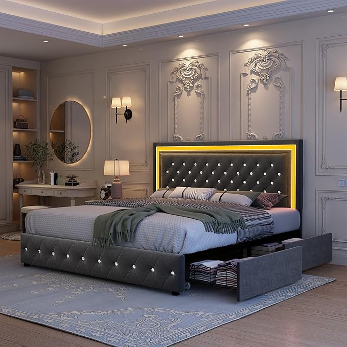 King Bed Frame with LED Lights, Storage Drawers, No Box Spring Needed, 900 lbs Capacity, Easy Assembly, Velvet Grey