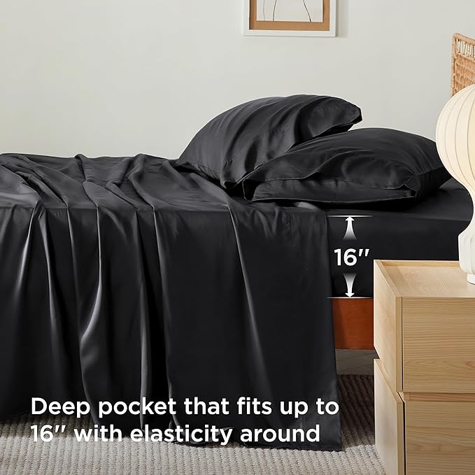 Bedsure King Size Sheet Set, Cooling Sheets King, Rayon Derived from Bamboo, Deep Pocket Up to 16", Breathable & Soft Bed Sheets, Hotel Luxury Silky Bedding Sheets & Pillowcases, Black
