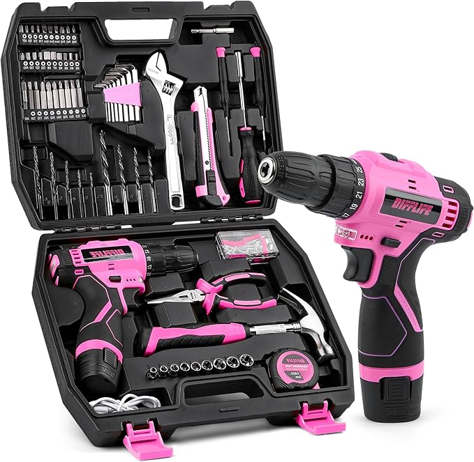 147 Piece Pink Power Drill Drivers Tool Set with 12V Cordless Drill, Professional Household Home Tools Kit Set, DIY Pink Electric Drill Cordless Hand Tool Box for Women