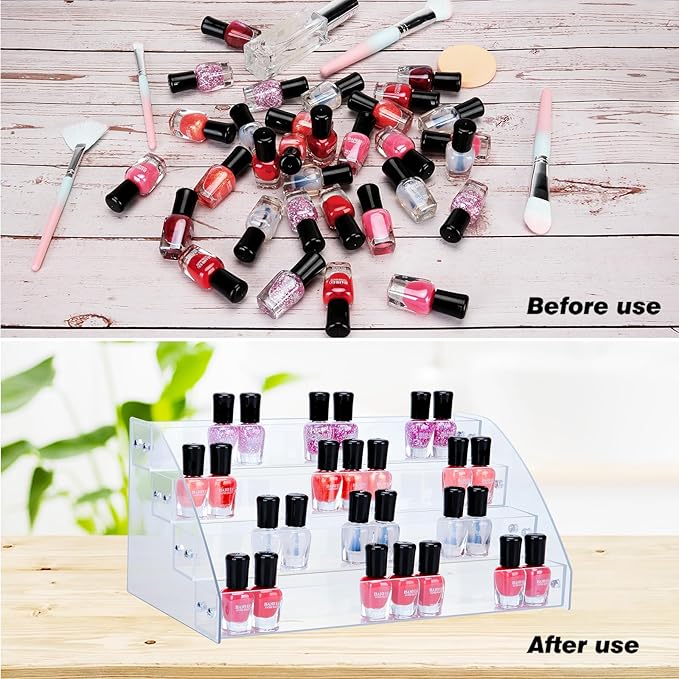 KINGROW Nail Polish Organizer Holder Rack 4 Layers Acrylic Display Rack Eyeglasses Shelf Essential Oils Ink Storage Holds Up to 64 (Fit 1-2oz Bottles)