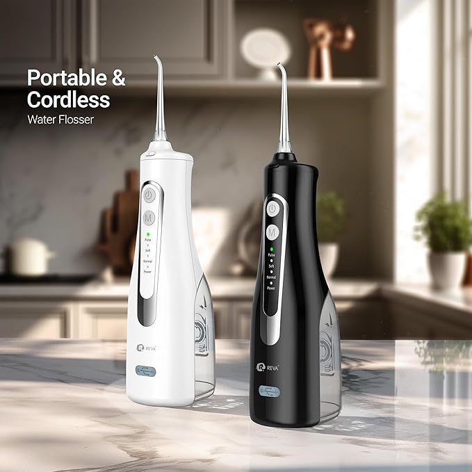 R REVA Cordless Water Flosser for Teeth, Gums & Braces – 4 Modes, 300ML Tank, 360° Nozzle, IPX7 Waterproof, USB Rechargeable 2000mAh Battery for Home & Travel (M149 Pro White)
