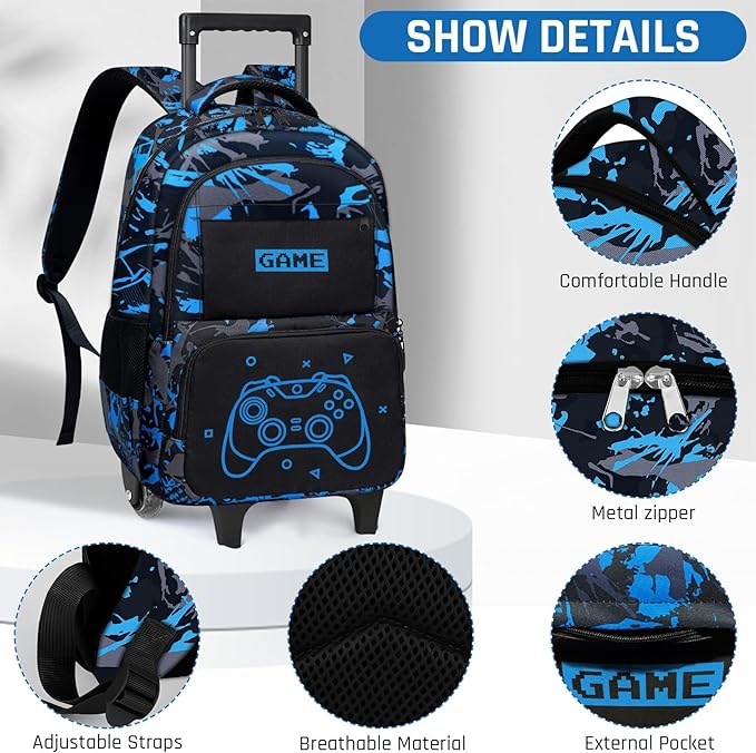 Gamer Rolling Backpack for Boys - 3PCS Boys Rolling Backpack with Lunch Box Set for Kids Children Teens Elementary Middle School,Glow in The Dark Roller Bookbag with Wheels for Age 6-18