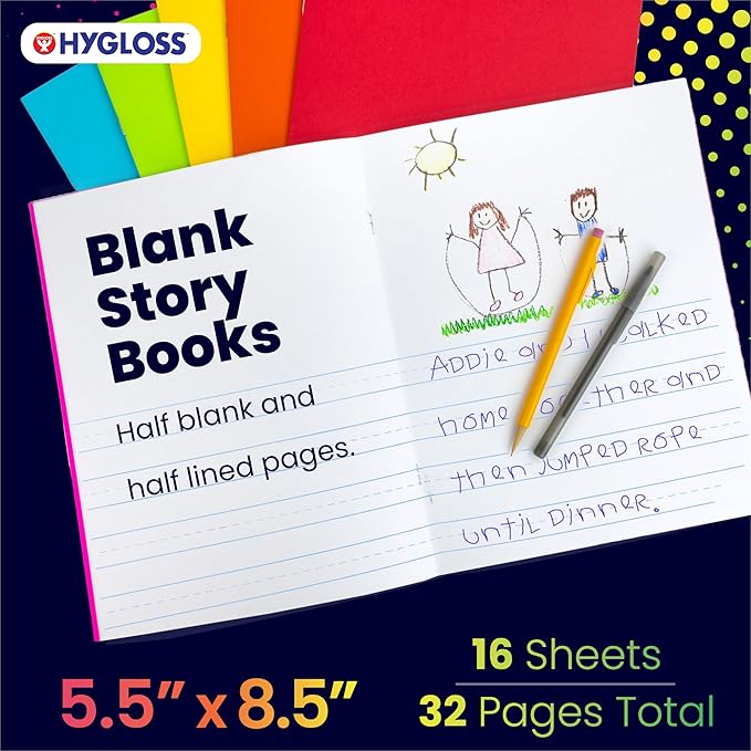 Hygloss Half Blank Books for Kids to Write Stories and Illustrate – Bulk 100 Pack – 5.5" x 8.5" A5 – Small Primary Journal for Grades K-2, Preschool/Kindergarten Notebook with Picture Space – 24 Pages