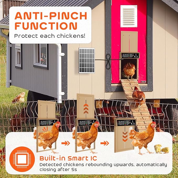 Asfrost Automatic Chicken Coop Door Solar Powered Automatic Chicken Door with Timer & Light Sensor, Anti-Pinch, Durable Aluminum Auto Chicken Door, Charge with 7W Solar Panel & USB - Brown