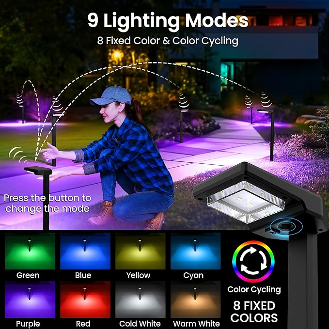 Solar Pathway Lights Outdoor, Smart Color Changing with 9-in-1 (Warm White/Cool White/RGBCW) Modes,Bright Landscape Lighting Waterproof for Walkway,Garden,Driveway,Yard,Patio(2pack)