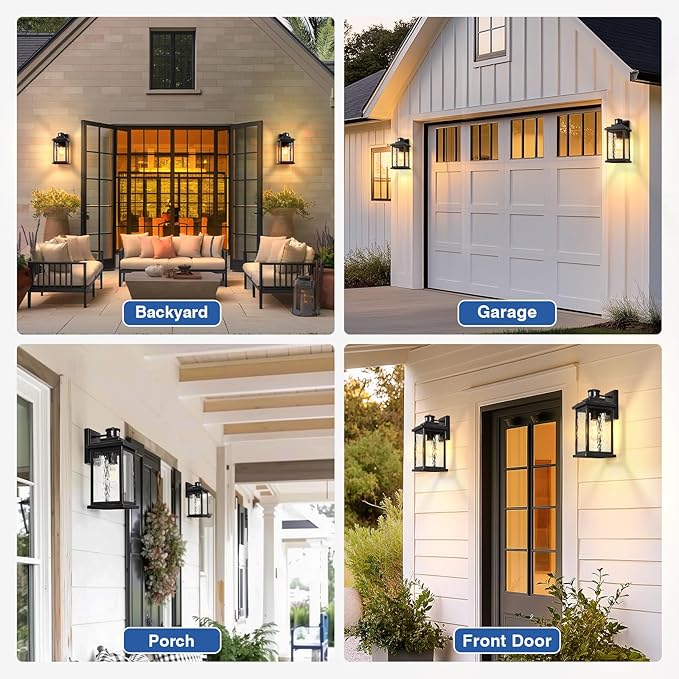 VIANIS Large Motion Sensor Outdoor Lights 2 Pack, Dusk to Dawn Outdoor Lighting with Water Glass, Easy-Install Aluminum Waterproof Hardwired Exterior Lights for Porch, Garage, Front Door