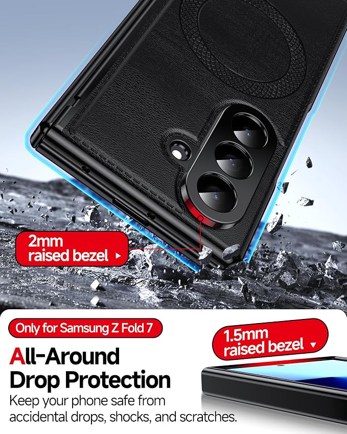 LeYi for Z-Fold-7 Case: Built-in Screen Protector Mag-Safe Leather Black | Galaxy Z fold 7 Case Magnetic Full Body Shockproof Hinge Protection Dual Layer Heavy Duty Z Fold7 Case para Samsung Fold
