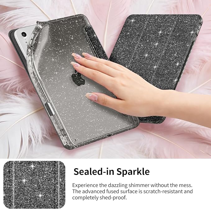 Case for iPad Air 11-inch (M4 2026/ M3 2025/ M2 2024)&amp 10.9-inch (5th/ 4th Gen) 2022/2020 Glittering Sparkly Slim Stand Cover with Clear Back Pencil Holder&amp Shockproof Protection (Black)