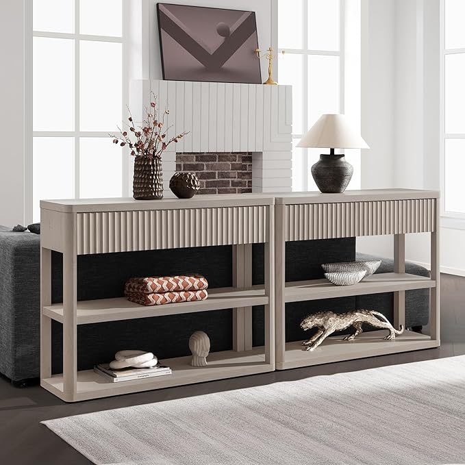 SICOTAS Fluted Entryway Table with Storage, 44.13" W Console Table with 2 Drawers & 2 Tier Storage Shelves, Modern Sofa Table Behind The Couch for Living Room, Entrance, Hallway, Foyer, White Alder