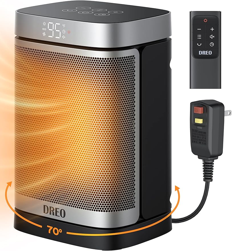 DREO Space Heater for Bathroom and Indoor, Portable Heater, 1500W Safe and Quiet PTC Ceramic Heater, 41-95°F Digital Thermostat, 70°Oscillating, Remote, ALCI Safety Plug, 12h Timer, 5 Modes