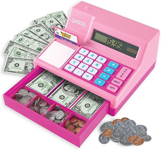 Learning Resources Pretend and Play Calculator Cash Register Pink - Money for Kids, Math Games, Playstore Grocery Store, Fine Motor Skills, Preschool Activities, Toddler Plastic Coins