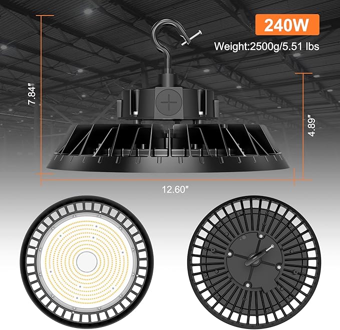 6Pack LED High Bay Lights, 240W UFO High Bay LED Shop Lights, 36000LM Adjustable CCT(5700K 5000K 4500K) & Power(240W 200W 150W), 0-10V Dimmable, 5' Cable Plug, IP65 Waterproof, ETL & DLC Listed