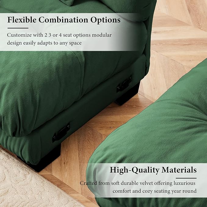 94.4" Loveseat Sofa, 2 Seater Modular Sectional Sofa, Green Large L Shaped Sectional Couches for Living Room, Fluffy Chenille Fabric Cloud Couch with Ottoman