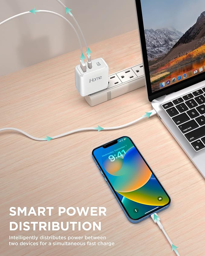 iHome 65W USB C Charger Block GaN Fast Charging with Dual Ports (USB-C PD &amp USB-A) Compact Universal Laptop Charger Foldable Plug [Video Game]