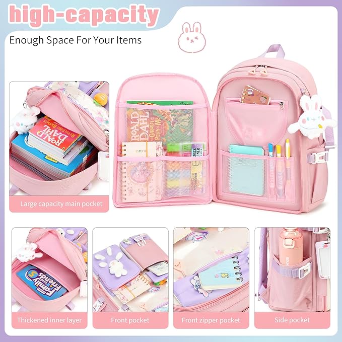 Backpack for Girls Cute Bookbag Set with Lunch Box Pencil Case Kawaii Bunny School Backpacks for Girl 3 Pcs Kindergarten Elementary Preschool Middle Sequin School Bag for Girls (Pink)