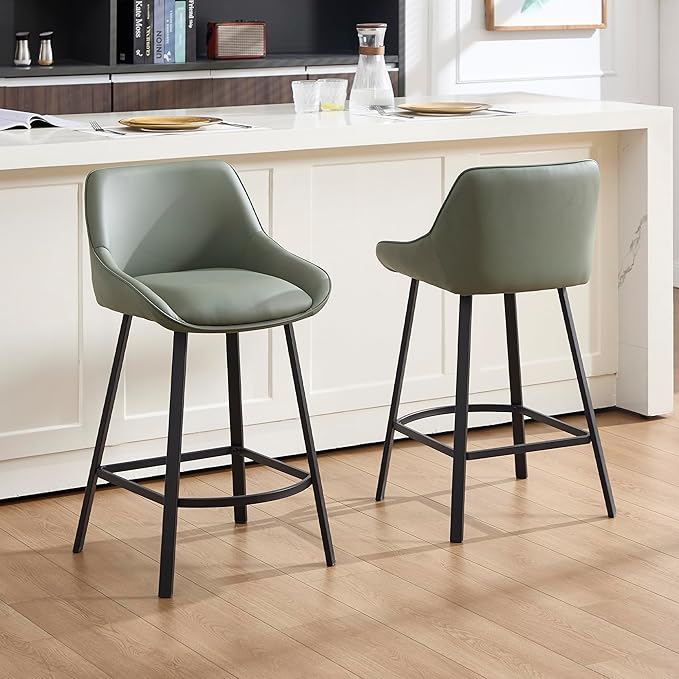 26" Modern Bar Stools Set of 2, Faux Leather Upholstered Bar Stools, Counter Height Bar Chairs with Back for Kitchen, Dining Room, Cafe, Bar - Green