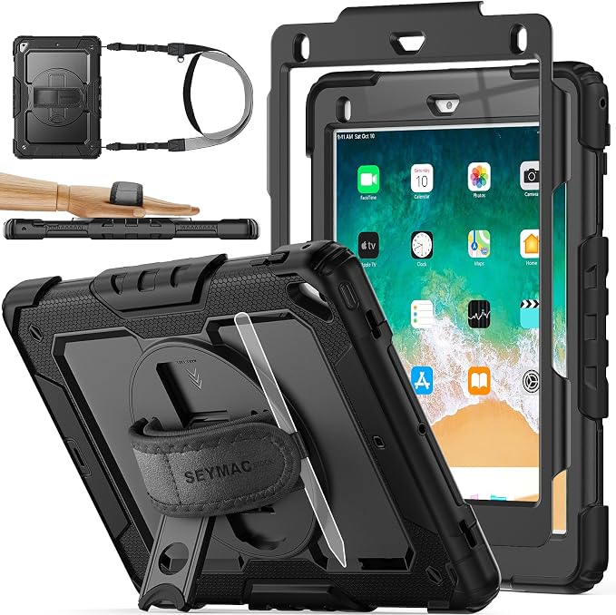 SEYMAC stock Case for iPad 6th / 5th Generation Case/Air 2 / Pro 9.7 inch Heavy Duty Protective with Screen Protector with Pencil Holder Hand Strap Shoulder Strap 360 Rotate Stand Black