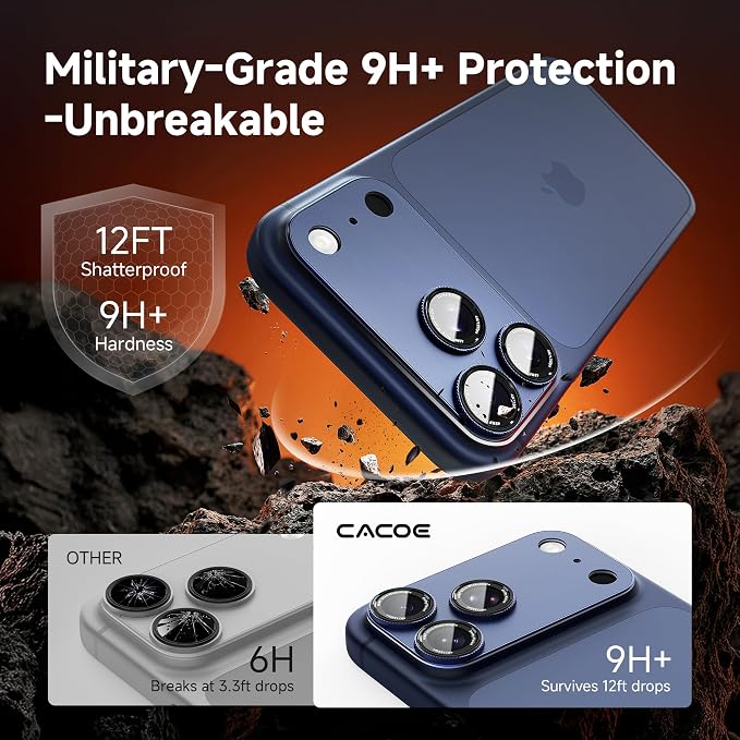 CACOE Metal Camera Lens Protector for iPhone 16Pro/16ProMax/14Pro/14ProMax | 9H Tempered Glass Aluminum Frame HD Clarity Scratch-Resistant Camera Screen Protector Cover Accessories Black