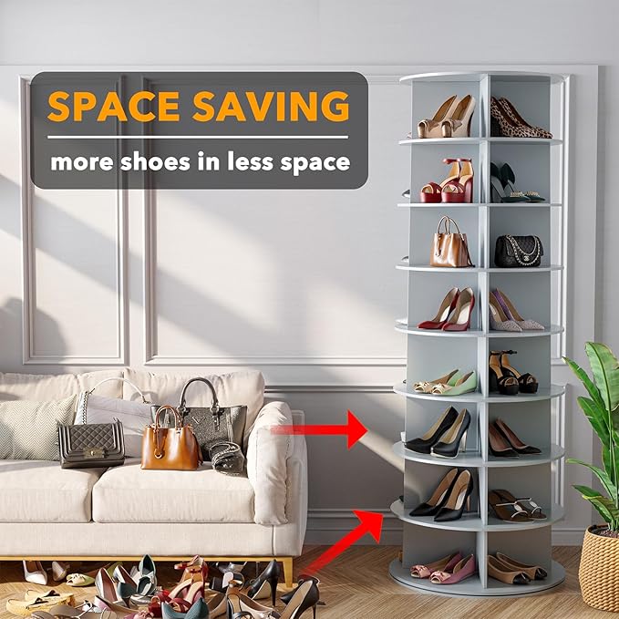 SpaceAid 8 Tier Rotating Shoe Rack Tower, Spinning Shoe Display Lazy Susan, Revolving 360 Shoe Rack Storage Round Carousel, Vertical Handbag Rotate Shoes Closet Organization (8-Tier Gray)