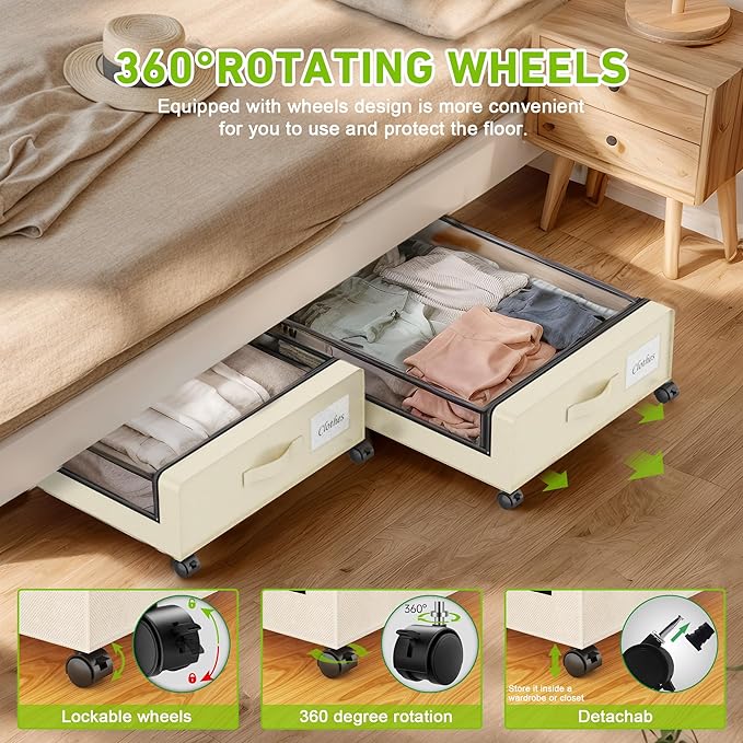 YAASHEEN Under Bed Storage with Wheels, Under the Bed Storage Containers with Clear Lids & Label, Underbed Storage Bins, XXL 60L Rolling Metal Drawer for Clothes, Shoes, Toys, Books (4-Pack Beige)