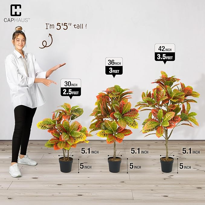 CAPHAUS 36 Inch Artificial Croton Tree Potted Plant - UV Resistant Faux Topiary Plant, Low Maintenance Realistic Indoor Outdoor Decor for Home, Office, Front Porch, Patio