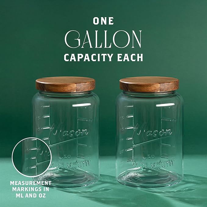1 Gallon Glass Mason Jar with Airtight Wooden Lid, Wide Mouth Large Food Storage Container with Measurement Markings For Kitchen Pantry, Pickling, Cookies, Flour & Sugar - 2 Pack