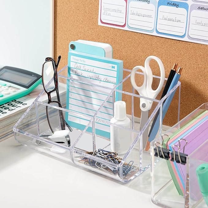 STORi Clear Plastic Vanity Makeup Organizer | 6-Compartment Holder for Brushes, Eyeshadow Palettes, & Beauty Supplies | Curved Front Design | Made in USA