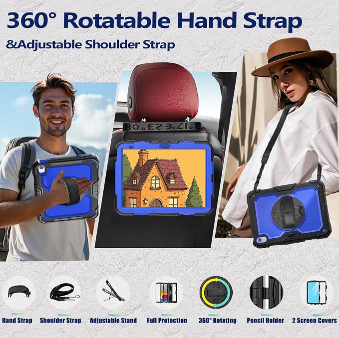 Weuiean Case for iPad A16 11th/10th Generation 11/10.9 Military-Grade Heavy-Duty Shockproof Cover with 360° Rotating Stand Built-in Pencil Holder &amp Adjustable Hand/Shoulder Strap - Black
