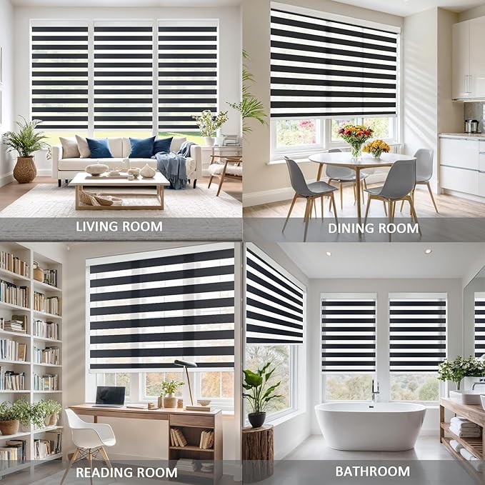 COOLWINDS Motorized Zebra Blinds for Windows Cordless Electric Curtains with Remote Control Blackout Shades Custom Smart Blinds Compatible with Alexa Google Home(Light Filtering Black,W25 X 72in)