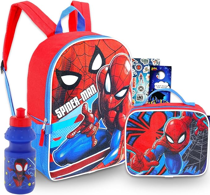 Marvel Spiderman Backpack with Lunch Box Set - 5 Pc Bundle of 15" School Bag for Kids, Lunch Bag, Stickers, More Spiderman School Supplies