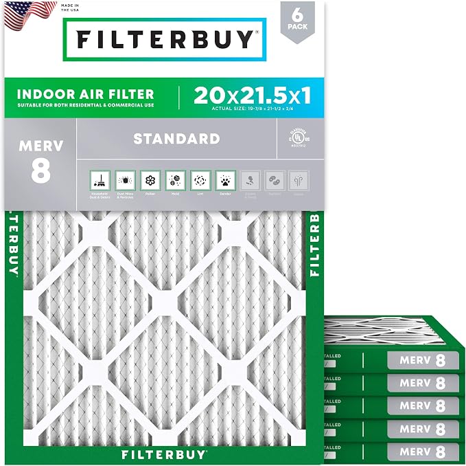 Filterbuy 20x21.5x1 Air Filter MERV 8 Essential Dust & Allergy Defense