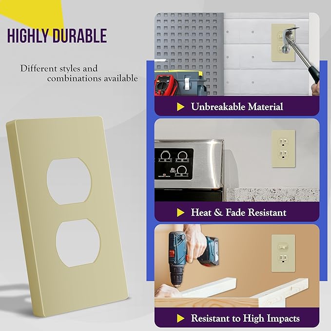 ENERLITES Screwless Duplex Wall Plate, Child Safe Receptacle Outlet Cover, Standard Size, 1-Gang 4.68" x 2.93", Unbreakable Polycarbonate Thermoplastic, UL Listed, SI8821-I, Glossy, Ivory