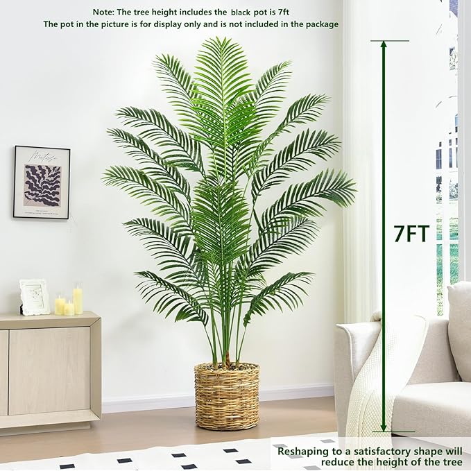 Artificial Palm Tree 7FT Artificial Plants Indoor Tropical Fake Palm Tree Areca Floor Plant in Black Pot with 18 Trunks & Real Bark Design, Faux Palm Plant for Outdoor Patio Home Room Office Decor