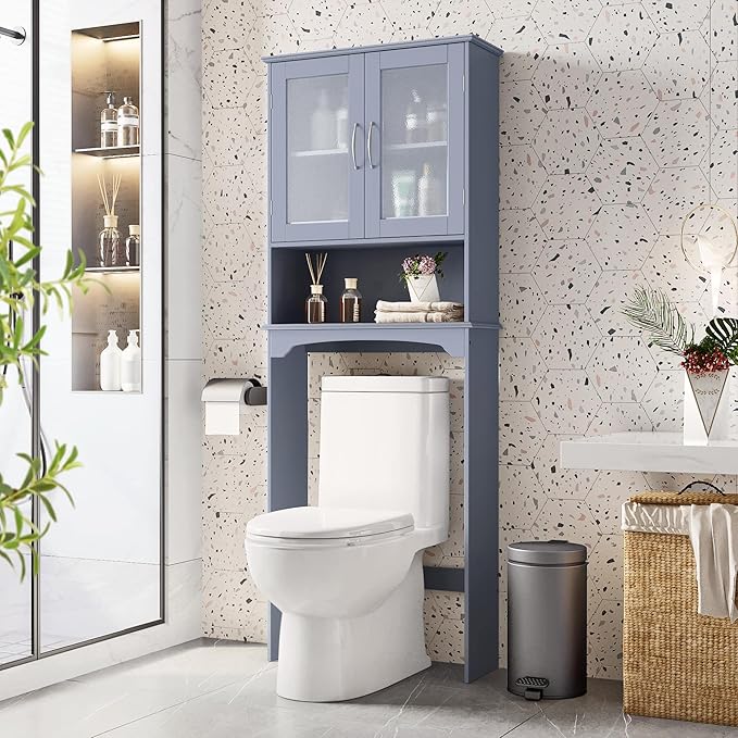 Yaheetech Over The Toilet Storage Cabinet, Free Standing Toilet Rack with Adjustable Shelves and Tempered Glass Doors for Bathroom Washroom, Grey